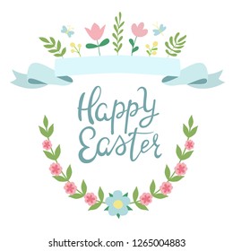 Easter hand draw symbols Shapes. Cute doodle style elements with spring flowers, ribbon and butterflies. Handwritten Happy Easter text. EPS 10