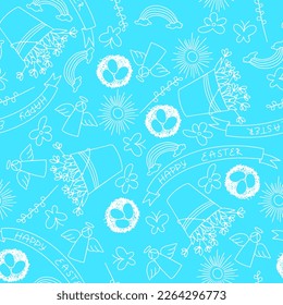 Easter hand drawn blue background with hand drawn Easter symbols in doodle style. Vector illustration.