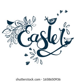 Easter Hand drawn calligraphy and brush pen lettering. design for invitation of the Easter day with a decorative bow illustration with bird song flowers for greeting card, invitation template. 