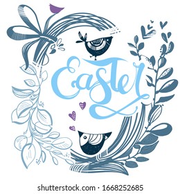 Dibujo de caligrafía de Pascua y letras de plumas de pincel. diseño para vacaciones el feliz Día de Pascua con una decorativa ilustración de arco con flores de canto de pájaro para tarjeta de saludo, plantilla de invitación. 