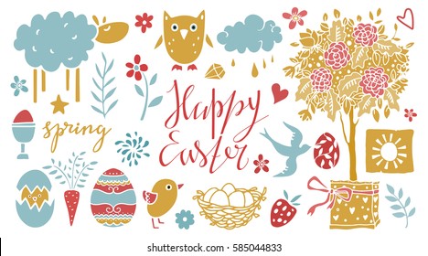 Easter hand drawn, cartoon design elements, icons set isolated on white background. Handwritten font, lettering