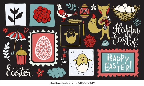 Easter hand drawn, cartoon design elements, icons set isolated on black background. Handwritten font, lettering