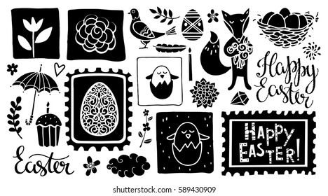 Easter hand drawn, cartoon design elements, icons set isolated on white background. Handwritten font, lettering