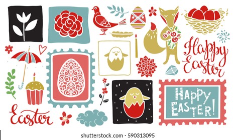 Easter hand drawn, cartoon design elements, icons set isolated on white background. Handwritten font, lettering