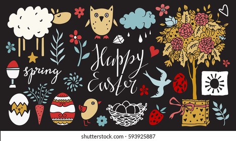 Easter hand drawn, cartoon design elements, icons set isolated on black background. Handwritten font, lettering