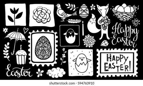 Easter hand drawn, cartoon design elements, icons set isolated on black background. Handwritten font, lettering