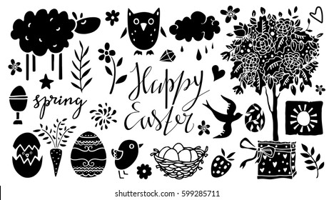 Easter hand drawn, cartoon design elements, icons set isolated on white background. Handwritten font, lettering