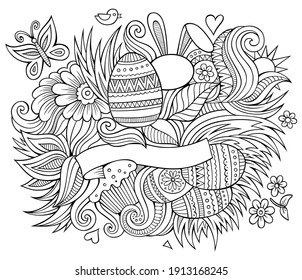 Easter hand drawn cartoon doodles illustration. Funny holiday design. Creative art vector background. Happy Easter symbols, elements and objects. Sketchy composition