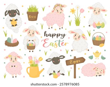 Easter hand drawn characters collection. Fluffy lambs, sheep, colorful eggs in basket, flowers with grass, watering can, chick and handwritten text. Pastel colored animals. Flat vector illustration.