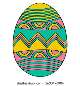 Easter hand drawn decorative ornate egg isolated on white background. Doodle cute vector element. Colored cartoon egg sign. Greeting card design, easter stickers, wrapping paper, pattern elements.