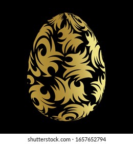 Easter hand drawn decorative ornate golden egg isolated on black background. 3d vector element. Golden cartoon egg sign. Greeting card design, easter stickers, wrapping paper, pattern elements.