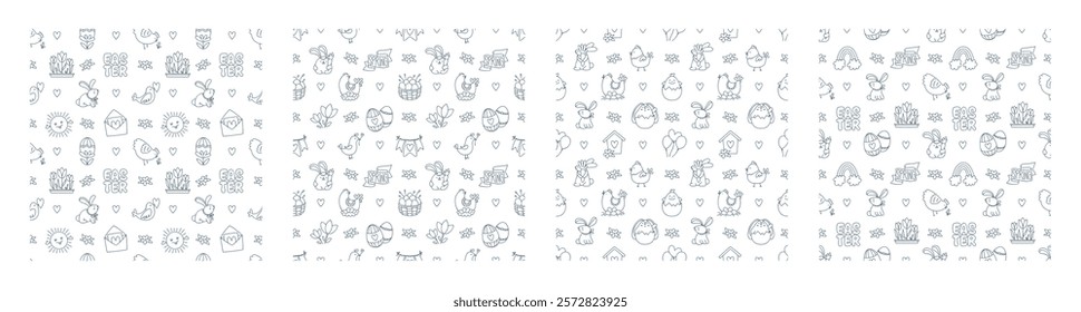 Easter hand drawn doodle seamless pattern. Cute black and white spring symbols chickens, rabbits, eggs and flowers