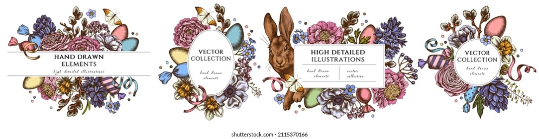 Easter hand drawn frame templates. Vintage illustrations of rabbit, eggs, willow branches, candies, shepherd's purse, great orange-tip, anemone, viburnum, ranunculus, hyacinth, peony, forget me not