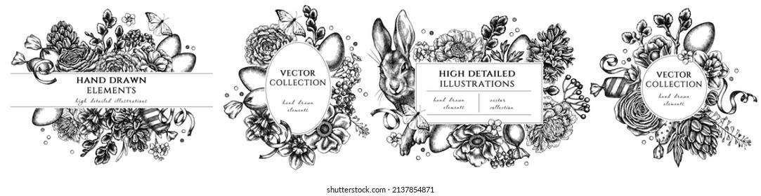 Easter hand drawn frame templates. Vintage illustrations of rabbit, eggs, willow branches, etc.