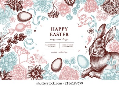 Easter hand drawn illustration design. Background with vintage rabbit, eggs, willow branches, etc.