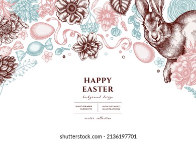 Easter hand drawn illustration design. Background with vintage rabbit, eggs, willow branches, etc.