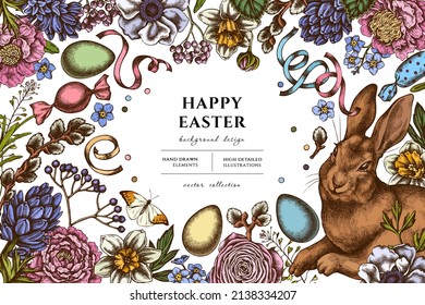 Easter hand drawn illustration design. Background with retro rabbit, eggs, willow branches, etc.