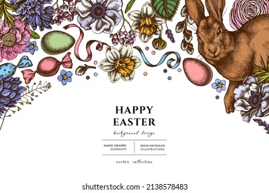 Easter hand drawn illustration design. Background with retro rabbit, eggs, willow branches, etc.