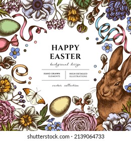 Easter hand drawn illustration design. Background with retro rabbit, eggs, willow branches, candies, shepherd's purse, great orange-tip, anemone, viburnum, ranunculus, hyacinth, peony, forget me not