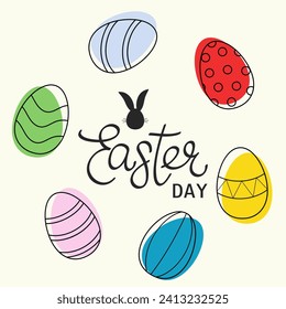 Easter hand drawn lettering. Colorful Easter eggs. Flat minimalistic vector illustration. Lineart modern style. Greeting card, sale, post, invitation.