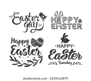 Easter hand drawn lettering logo vector illustration set isolated on white background. Collection holiday decorative concepts with traditional symbols egg, bunny, rabbit, bird, star, heart, branch