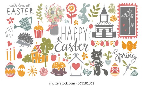 Easter hand drawn, scrapbooking cartoon design elements, icons set isolated on white background. Hand written font, lettering