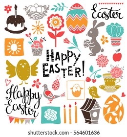 Easter hand drawn, scrapbooking cartoon design elements, icons set isolated on white background. Hand written font, lettering