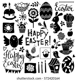 Easter hand drawn, scrapbooking cartoon design elements, icons set isolated on white background. Hand written font, lettering
