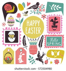 Easter hand drawn, scrapbooking cartoon design elements, icons set isolated on white background. Hand written font, lettering