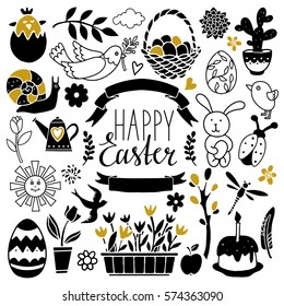 Easter hand drawn, scrapbooking cartoon design elements, icons set isolated on white background. Hand written font, lettering