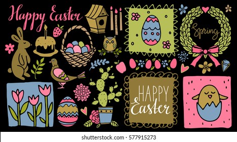 Easter hand drawn, scrapbooking cartoon design elements, icons set isolated on black background. Hand written font, lettering