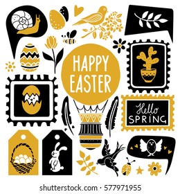 Easter hand drawn, scrapbooking cartoon design elements, icons set isolated on white background. Hand written font, lettering