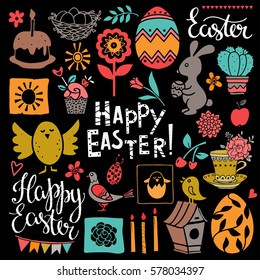 Easter hand drawn, scrapbooking cartoon design elements, icons set isolated on black background. Hand written font, lettering