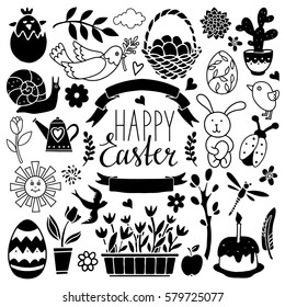 Easter hand drawn, scrapbooking cartoon design elements, icons set isolated on white background. Hand written font, lettering