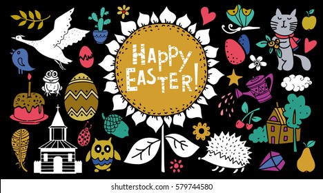 Easter hand drawn, scrapbooking cartoon design elements, icons set isolated on black background. Hand written font, lettering
