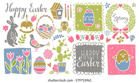 Easter hand drawn, scrapbooking cartoon design elements, icons set isolated on white background. Hand written font, lettering