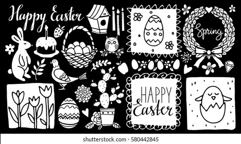 Easter hand drawn, scrapbooking cartoon design elements, icons set isolated on black background. Hand written font, lettering