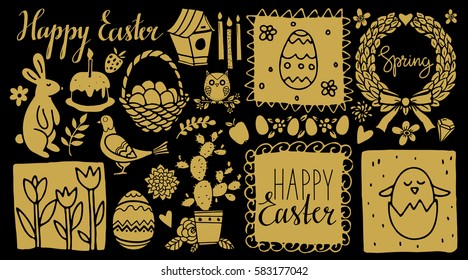 Easter hand drawn, scrapbooking cartoon design elements, icons golden set isolated on black background. Hand written font, lettering