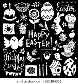 Easter hand drawn, scrapbooking cartoon design elements, icons set isolated on black background. Hand written font, lettering