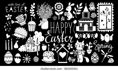 Easter hand drawn, scrapbooking cartoon design elements, icons set isolated on black background. Hand written font, lettering