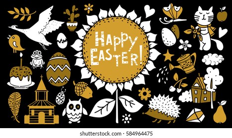 Easter hand drawn, scrapbooking cartoon design elements, icons set isolated on black background. Hand written font, lettering