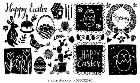 Easter hand drawn, scrapbooking cartoon design elements, icons set isolated on white background. Hand written font, lettering