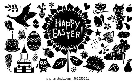 Easter hand drawn, scrapbooking cartoon design elements, icons set isolated on white background. Hand written font, lettering