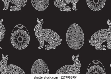 Easter hand drawn seamless pattern with ornated eggs and bunny