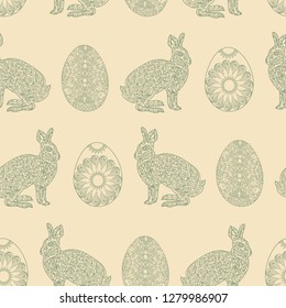 Easter hand drawn seamless pattern with ornated eggs and bunny