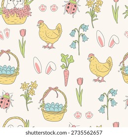 Easter hand drawn seamless pattern with bunny ears, chicken, egg basket, carrot, flowers and ladybug. Cute spring design for wrapping paper, fabric, scrapbook, packaging