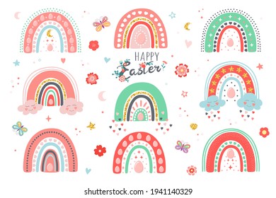 Easter hand drawn set of different rainbows with eggs, hearts, clouds, stars, moon, flowers, leaves, butterfly. Cute pastel collection isolated on white background. Adorable vector doodle illustration