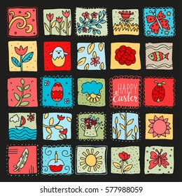 Easter hand drawn set. Holiday scrapbooking design elements, cartoon patches set isolated