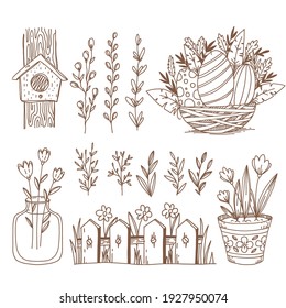 Easter hand drawn vector symbols and objects such as bird house, pot with flowers, flowers. fence
