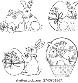 Easter hand drawn vintage doodle set with cute bunny, eggs and Easter cakes. Whimsical spring holiday clipart collection for greeting cards, posters, invitations.